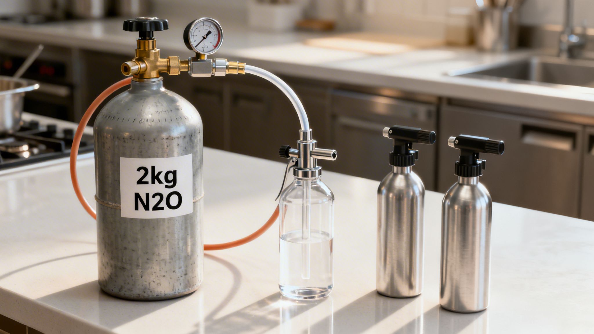 A N2O tank connected to a seltzer bottle, with two whipped cream dispensers in a kitchen.