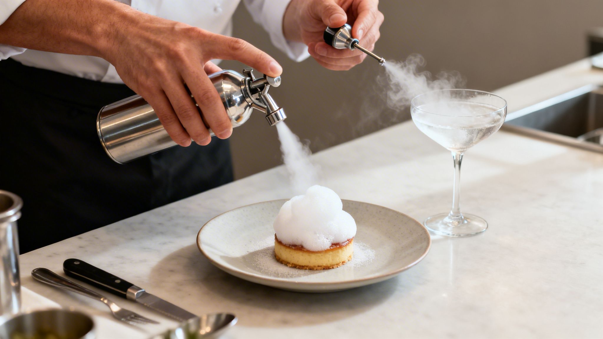 Chef uses specialized tools to create a smoky effect on a dessert and cocktail.