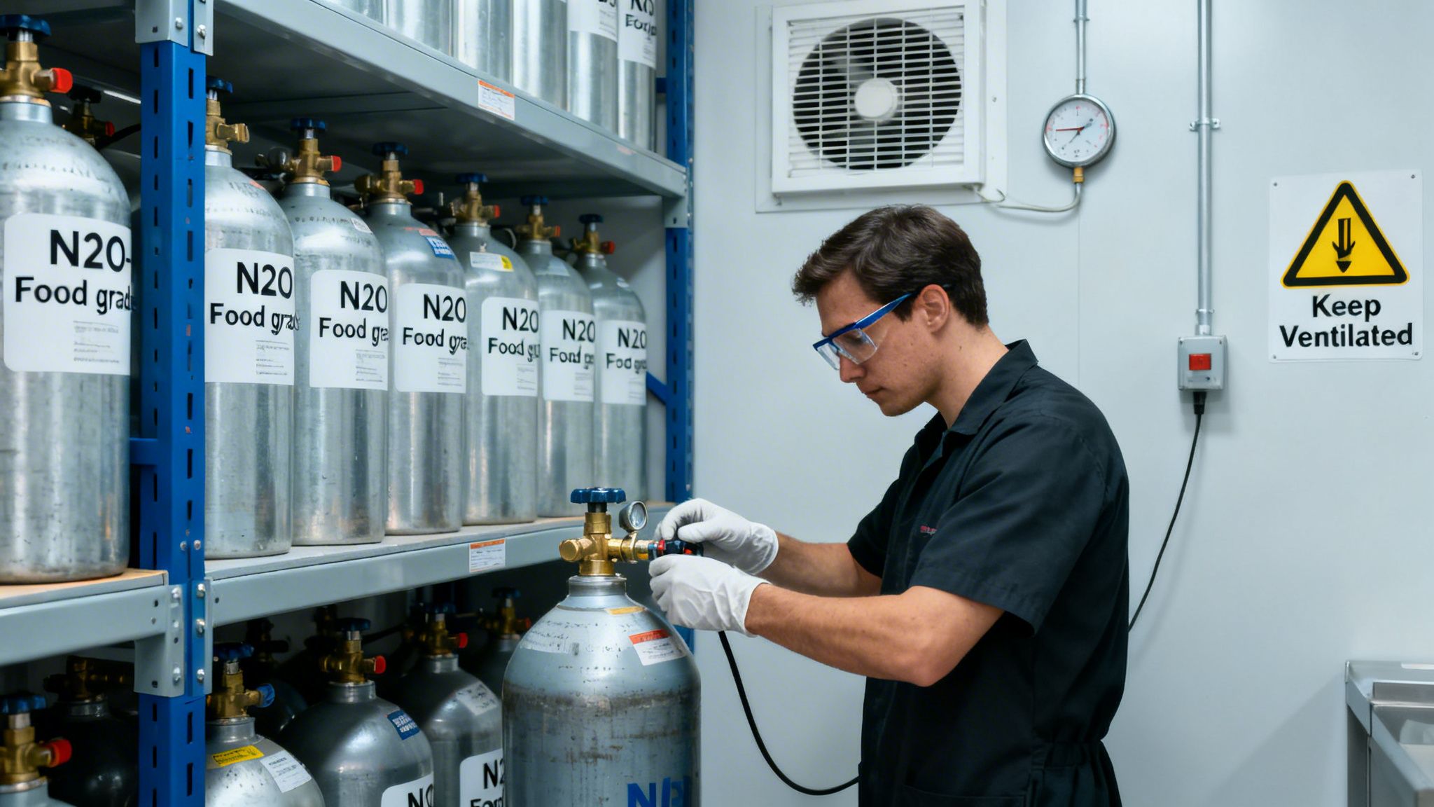 A man wearing safety glasses and gloves connects equipment to a food-grade N2O gas cylinder.