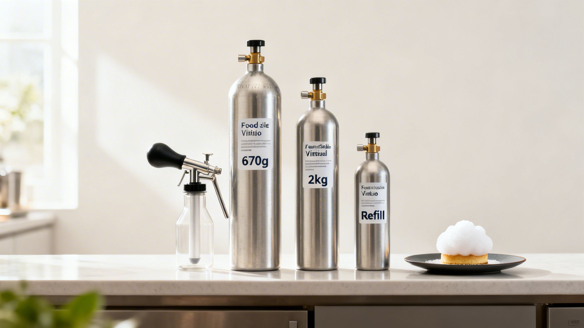 Three food-grade N2O gas cylinders of varying sizes next to a whipped cream dispenser in a kitchen.