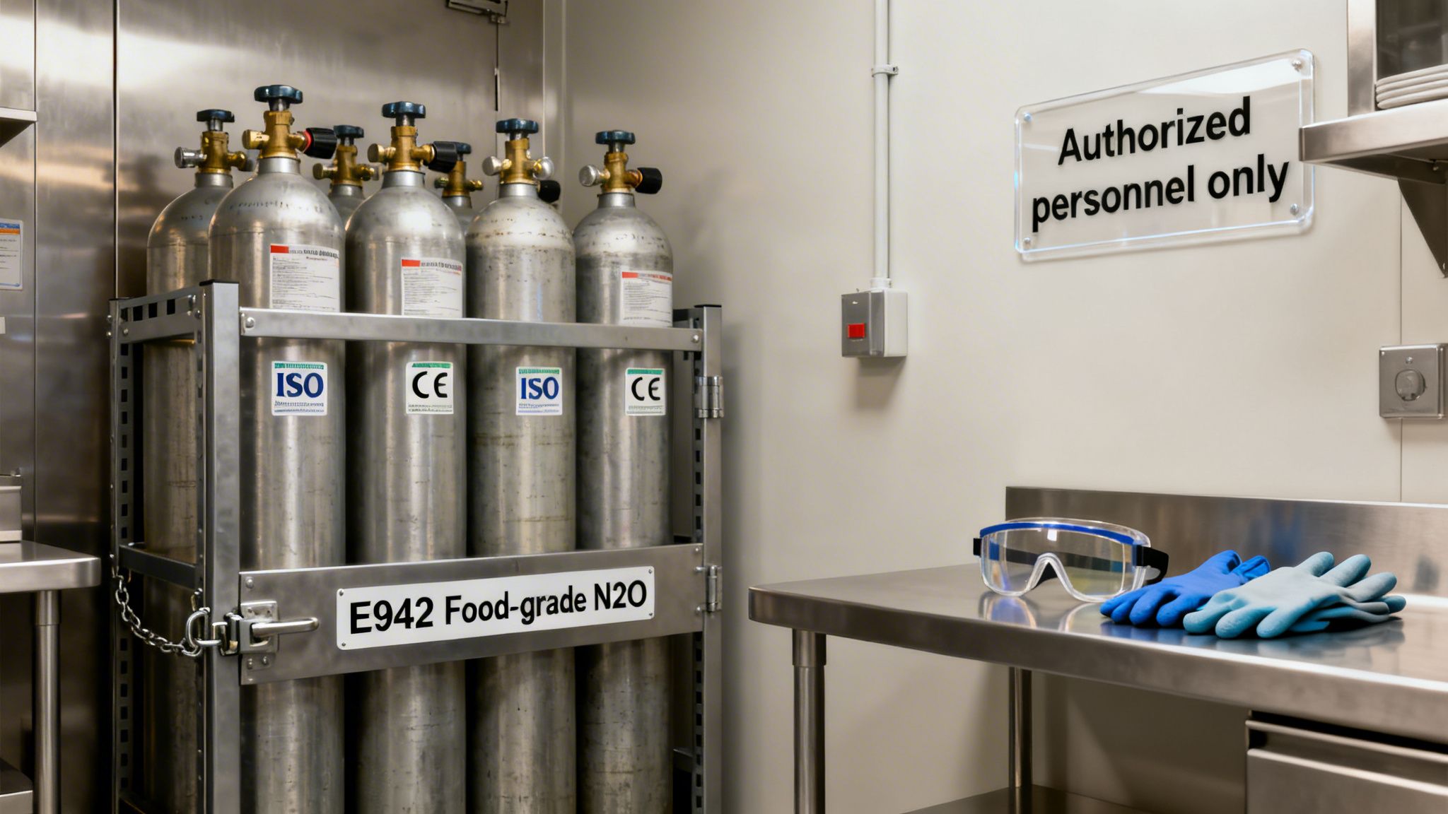 Stainless steel food-grade N2O gas cylinders stored on a rack, with safety gear nearby.