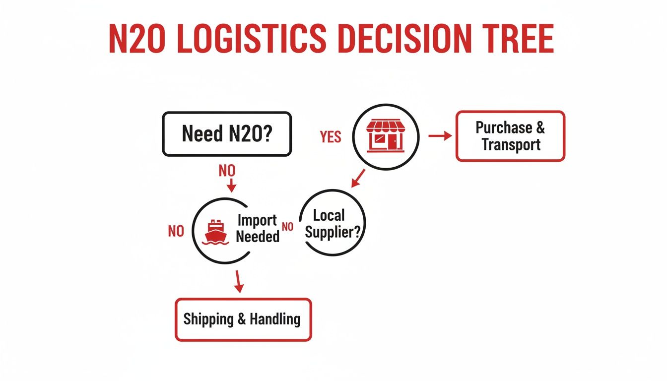 N2O logistics decision tree outlining supply chain choices for nitrous oxide sourcing.