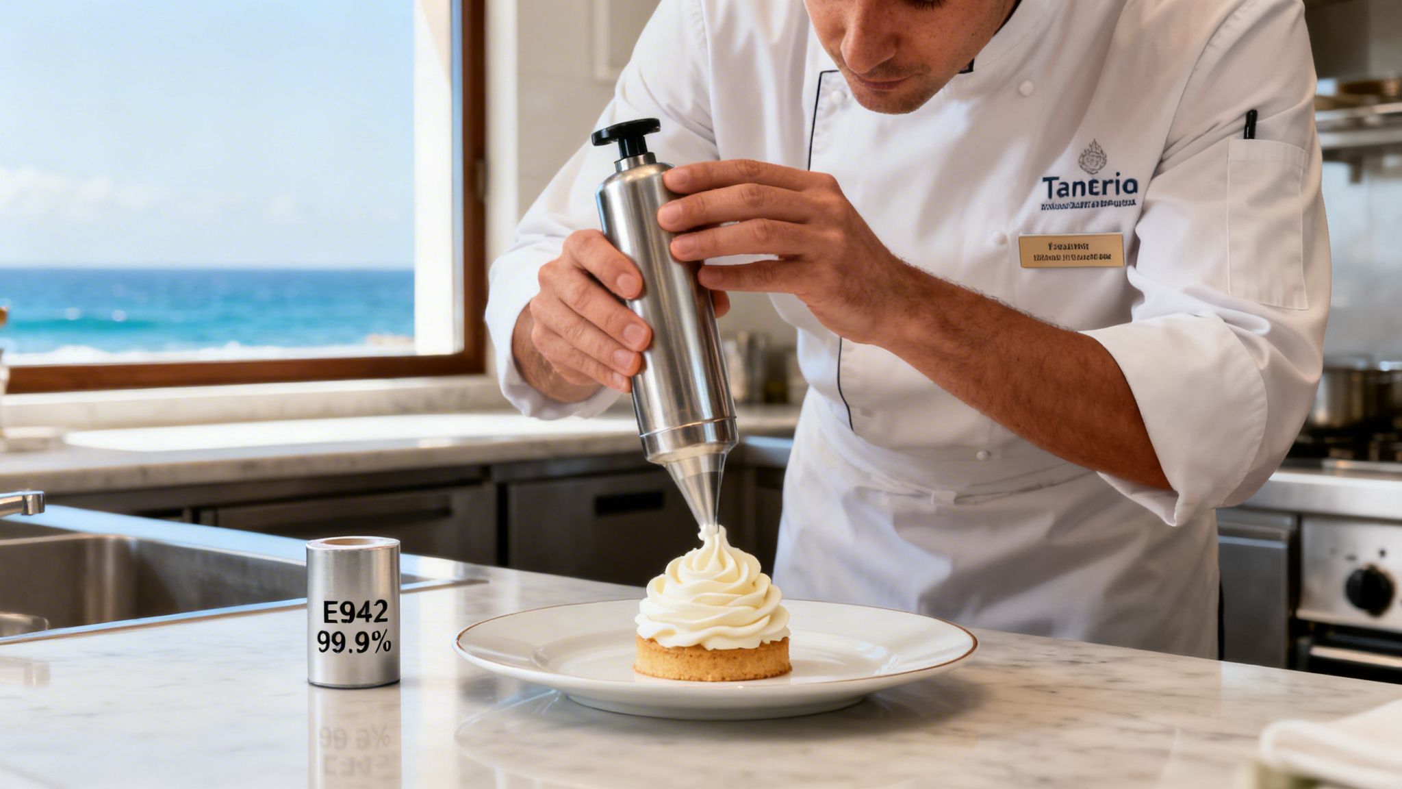 Professional chef decorating a tart with whipped cream using a dispenser, E942 canister nearby.
