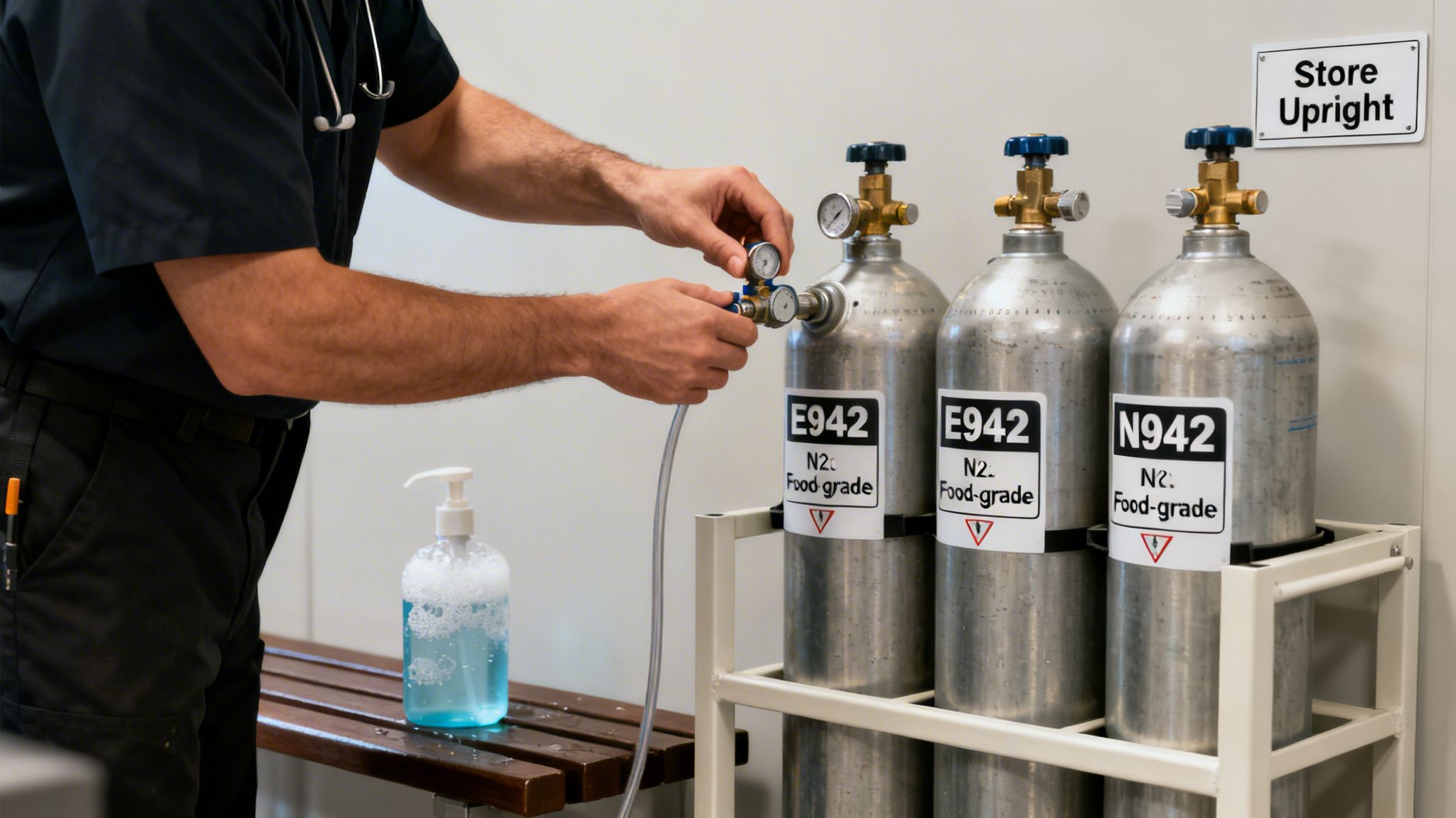 A person in a medical uniform connects a hose to a food-grade nitrogen gas cylinder, with more cylinders nearby.