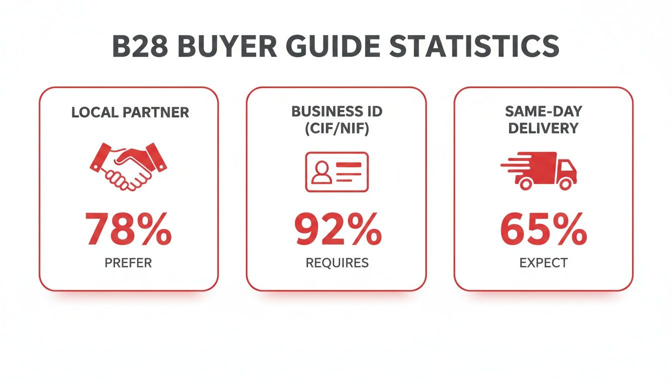 Infographic showing B28 buyer guide statistics: local partner preference, business ID requirements, and same-day delivery expectations.