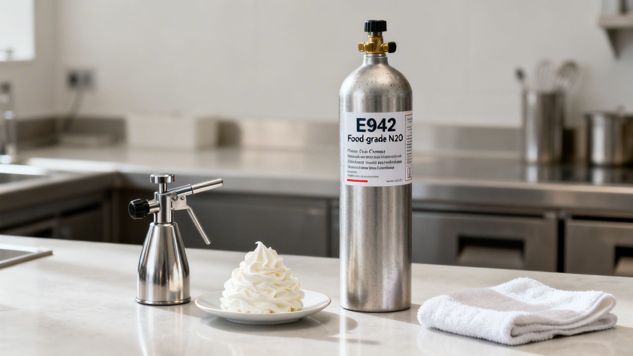 A food-grade N2O tank, a whipped cream dispenser, and fresh whipped cream in a modern kitchen.