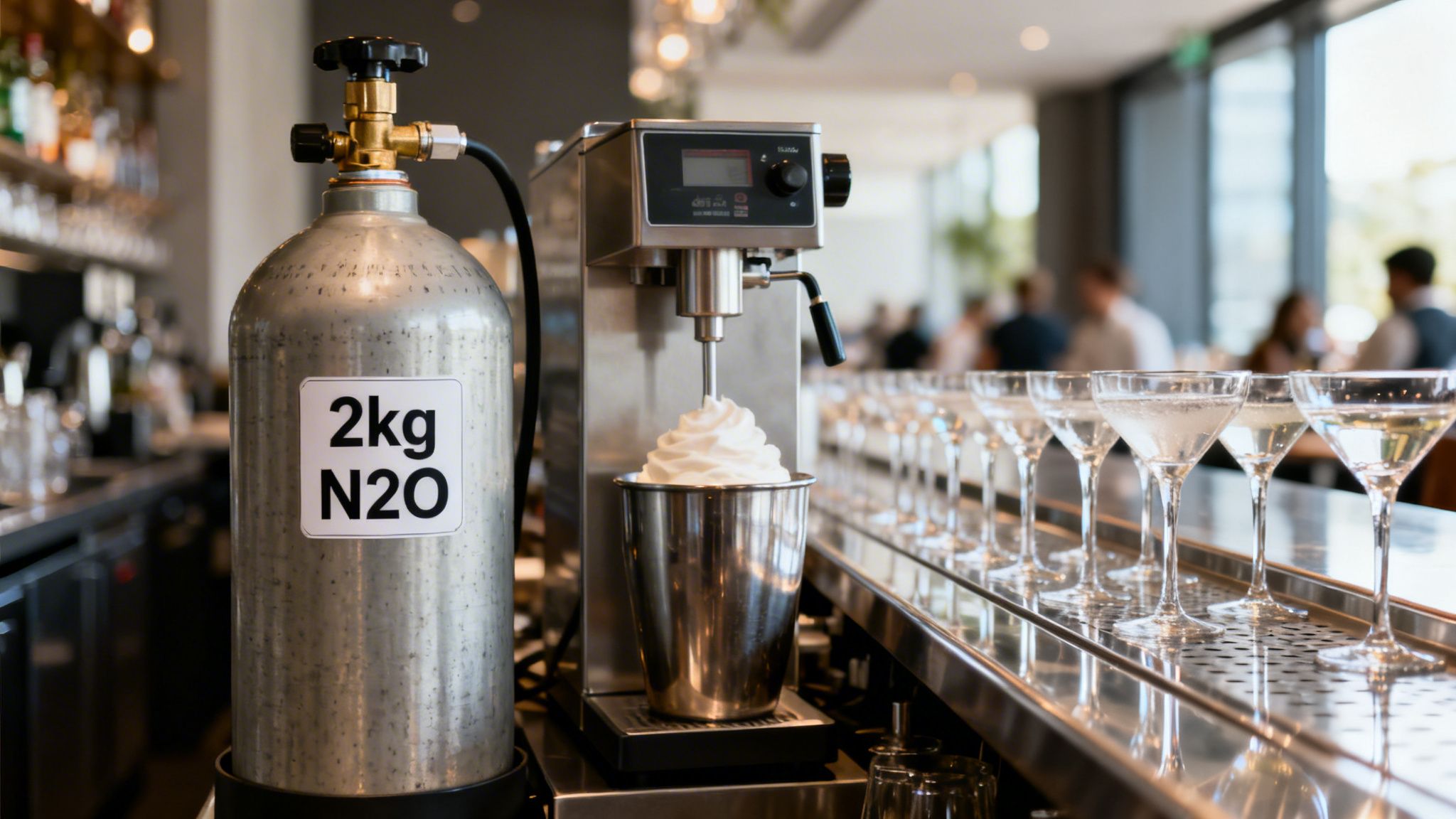 A nitrous oxide cylinder connected to a whipped cream dispenser on a bar counter with glasses.