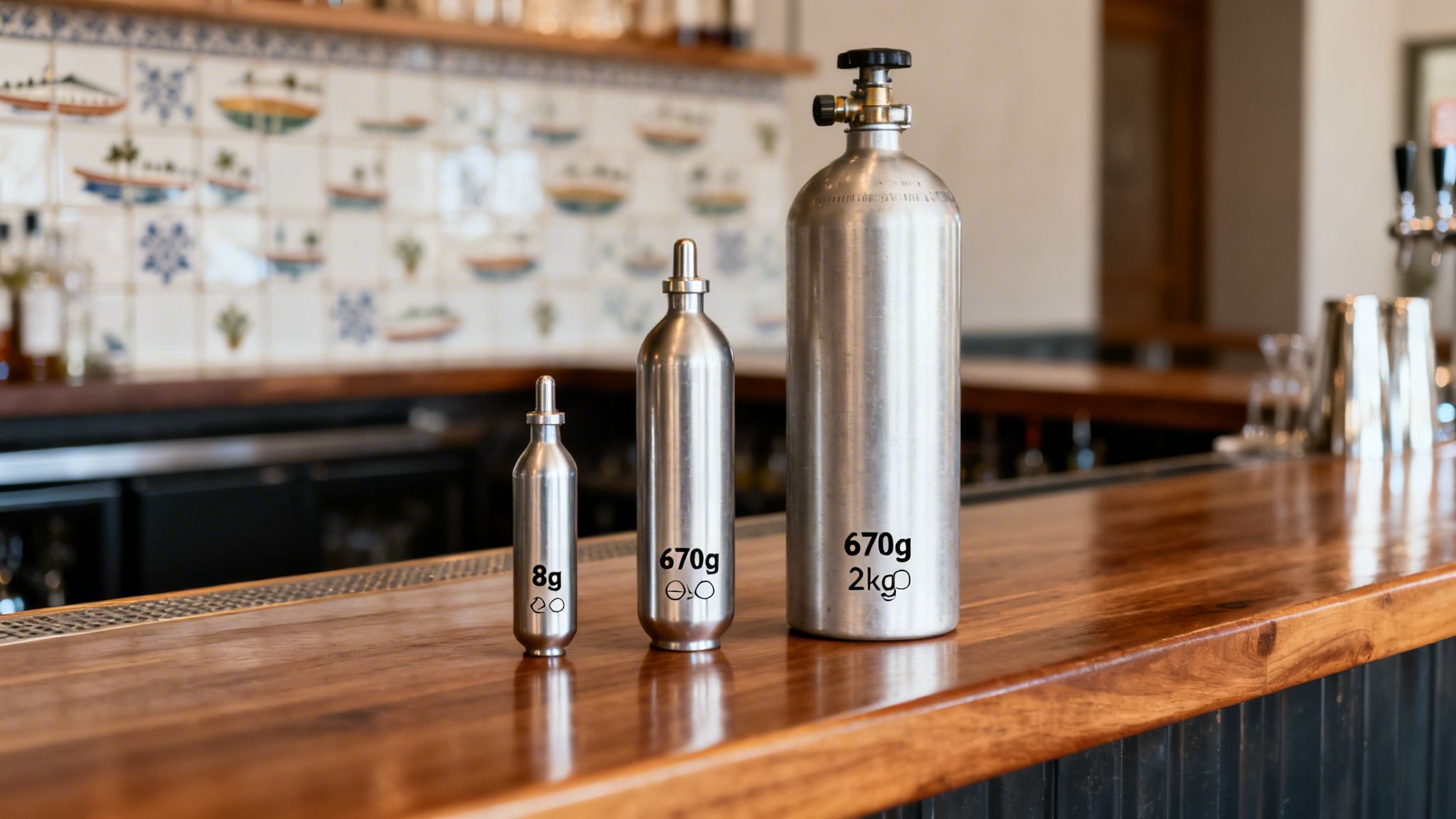 Three different sizes of silver CO2 gas cylinders displayed on a wooden bar counter.