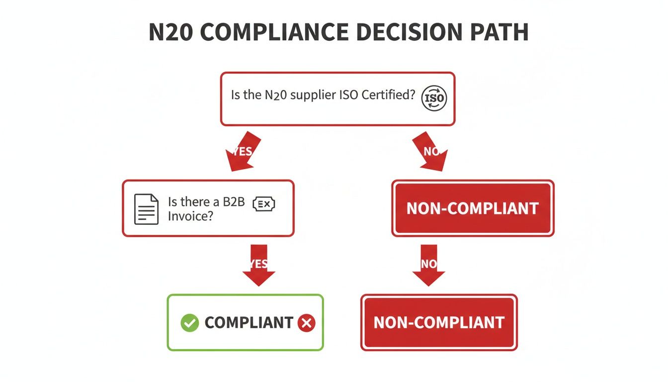 N2O compliance decision path flowchart illustrating steps for ISO certification and B2B invoice validation.