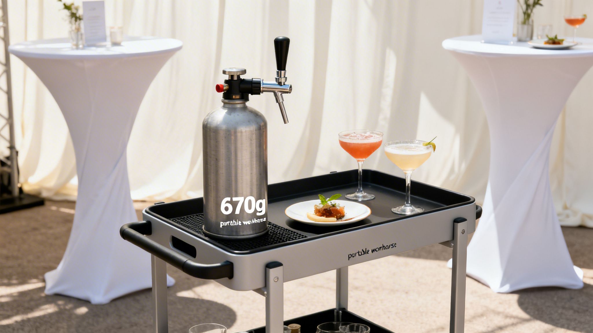 Portable beverage dispenser system on a serving cart with cocktails at an outdoor event.