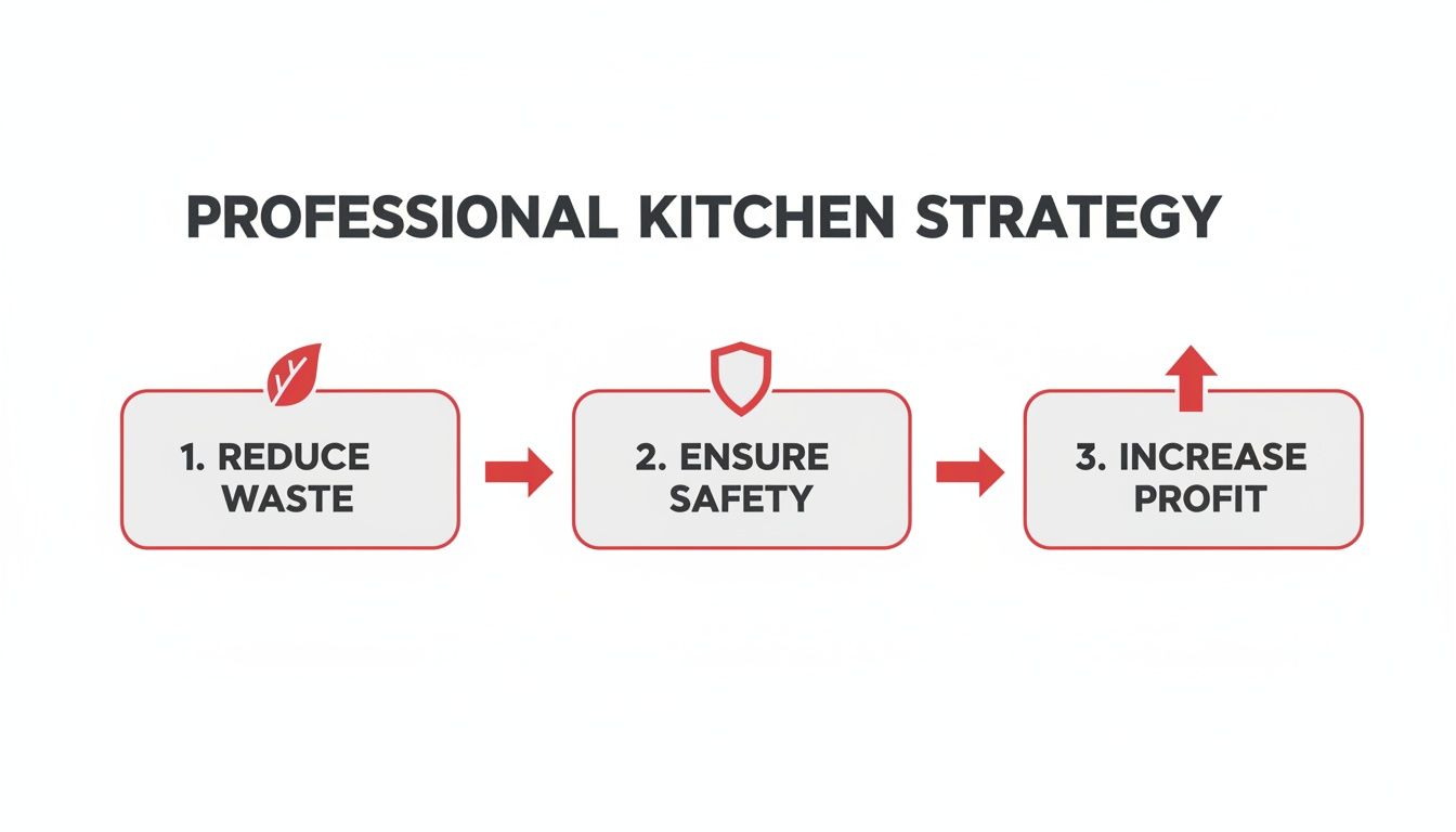 A professional kitchen strategy diagram outlining three steps: reduce waste, ensure safety, and increase profit.