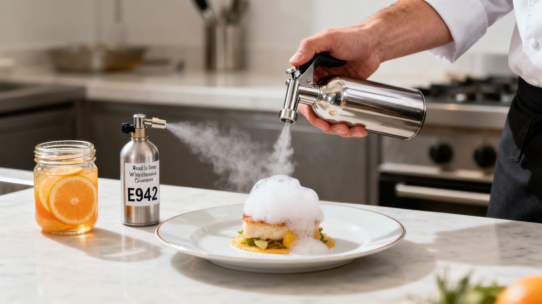 A chef applies culinary foam from a spray canister onto a gourmet dish in a modern kitchen.