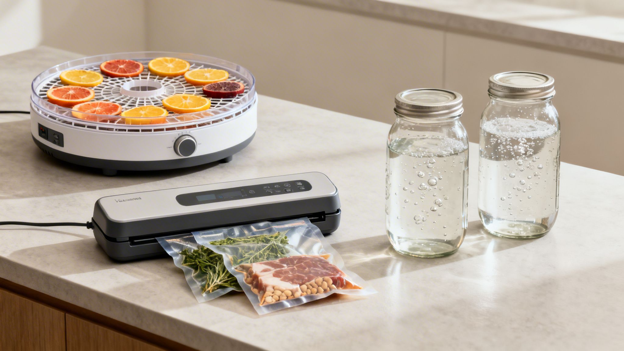 A food dehydrator with citrus slices, a vacuum sealer with food bags, and two jars of water on a kitchen counter.