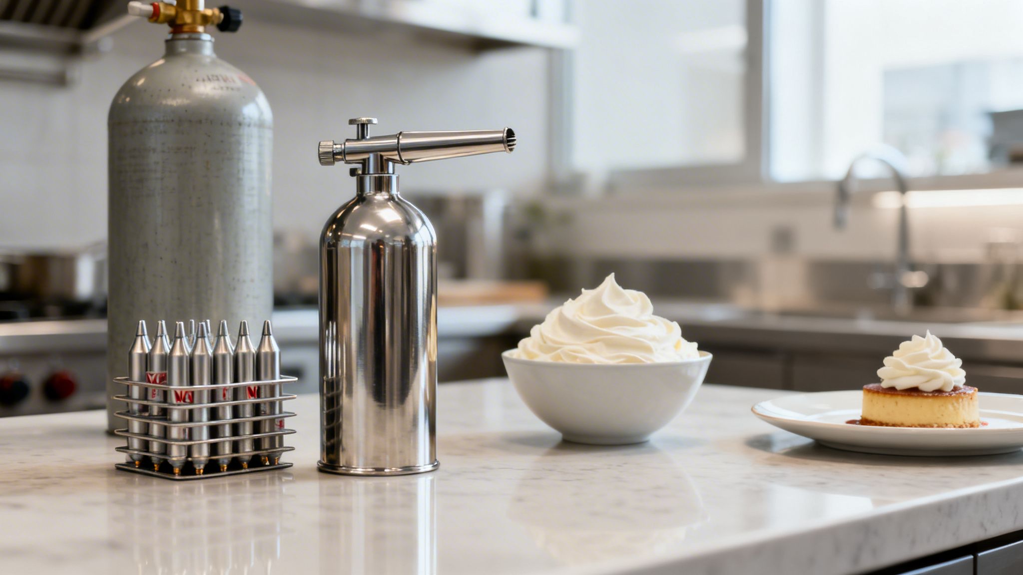 A kitchen counter features a large gas cylinder, whipped cream dispenser, cartridges, and desserts.
