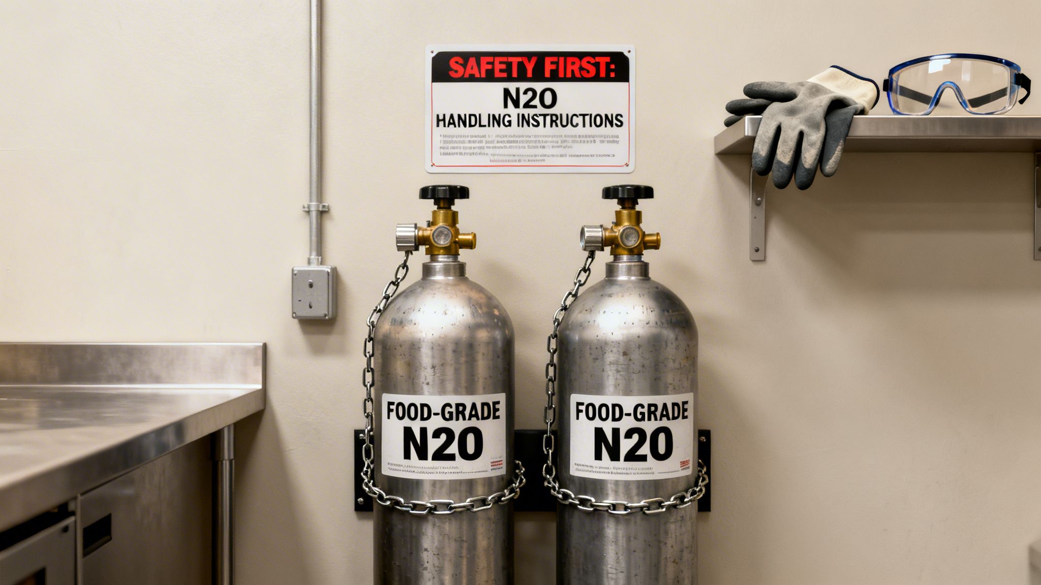 Two food-grade N2O nitrous oxide gas cylinders chained, with a safety sign, gloves, and goggles.
