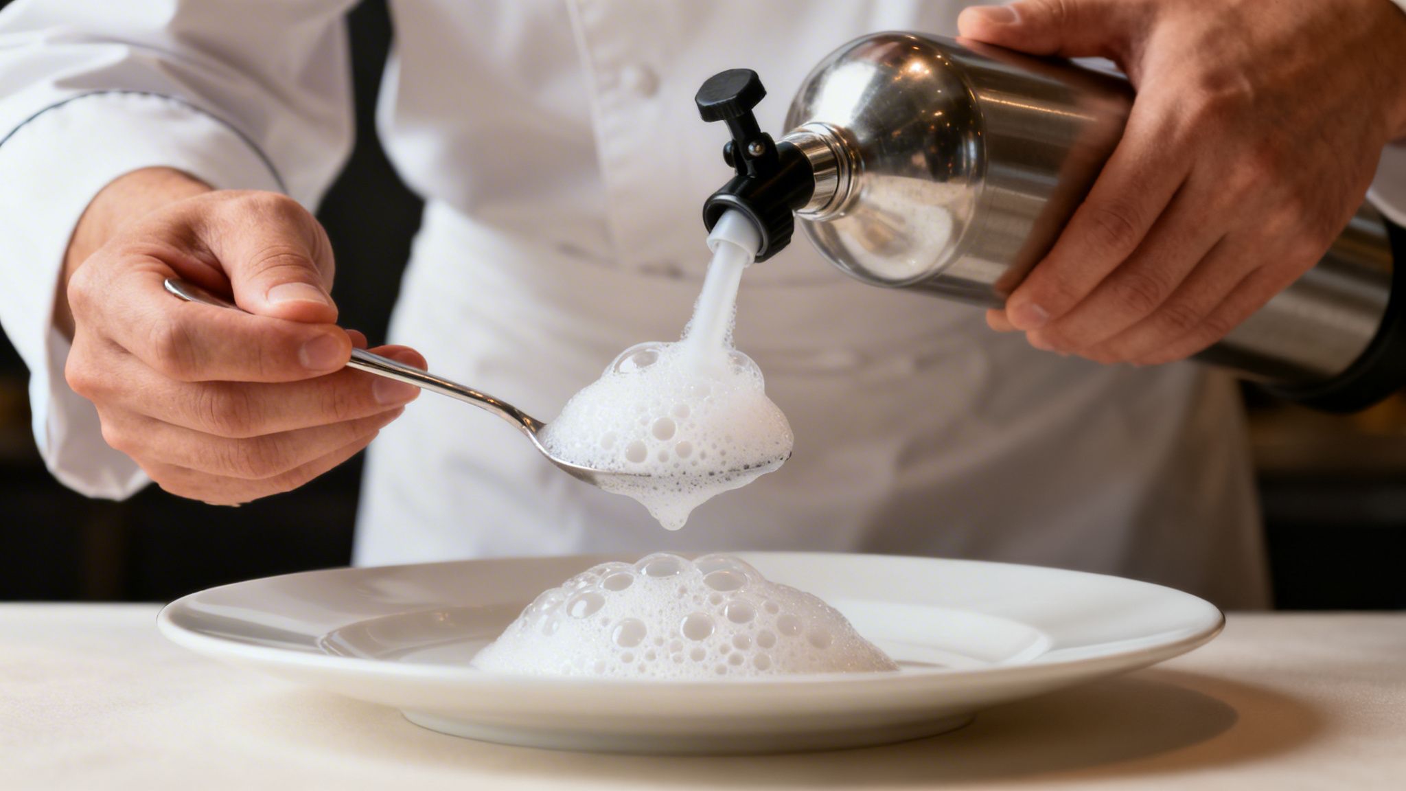 Close-up of a chef creating culinary foam with a siphon, adding it to a spoon and plate.