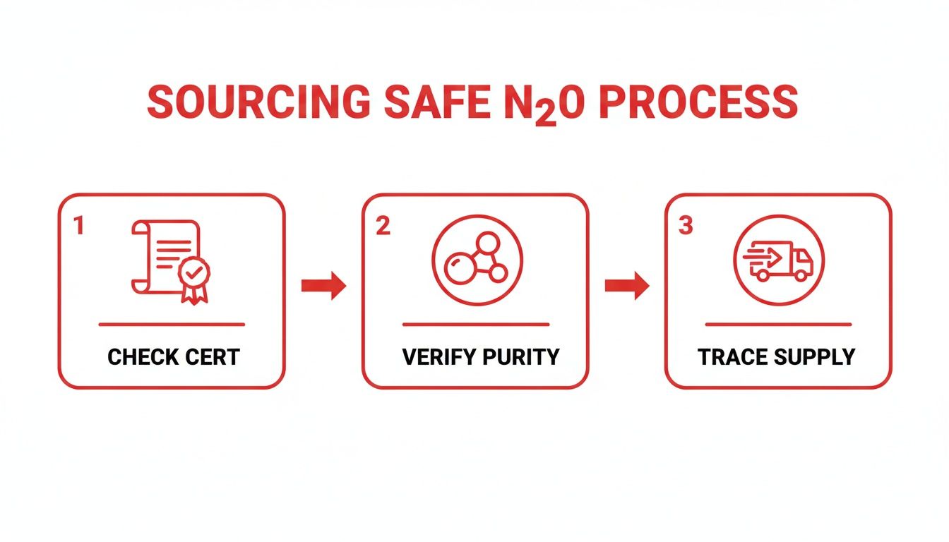 Infographic detailing the three-step process for safely sourcing nitrous oxide: check certification, verify purity, and trace supply.