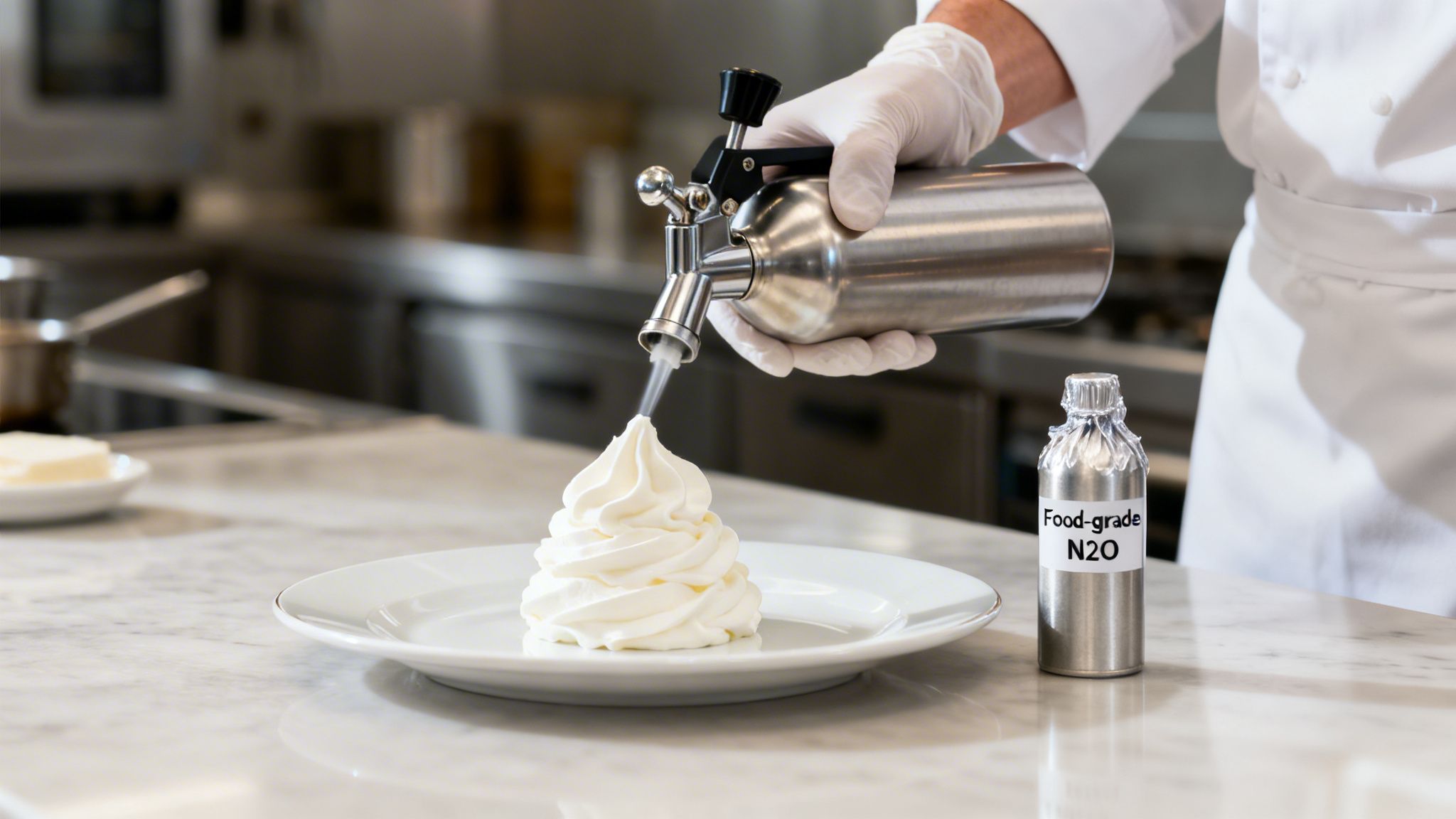Chef piping whipped cream from a dispenser onto a plate, with a 'Food-grade N2O' bottle nearby.