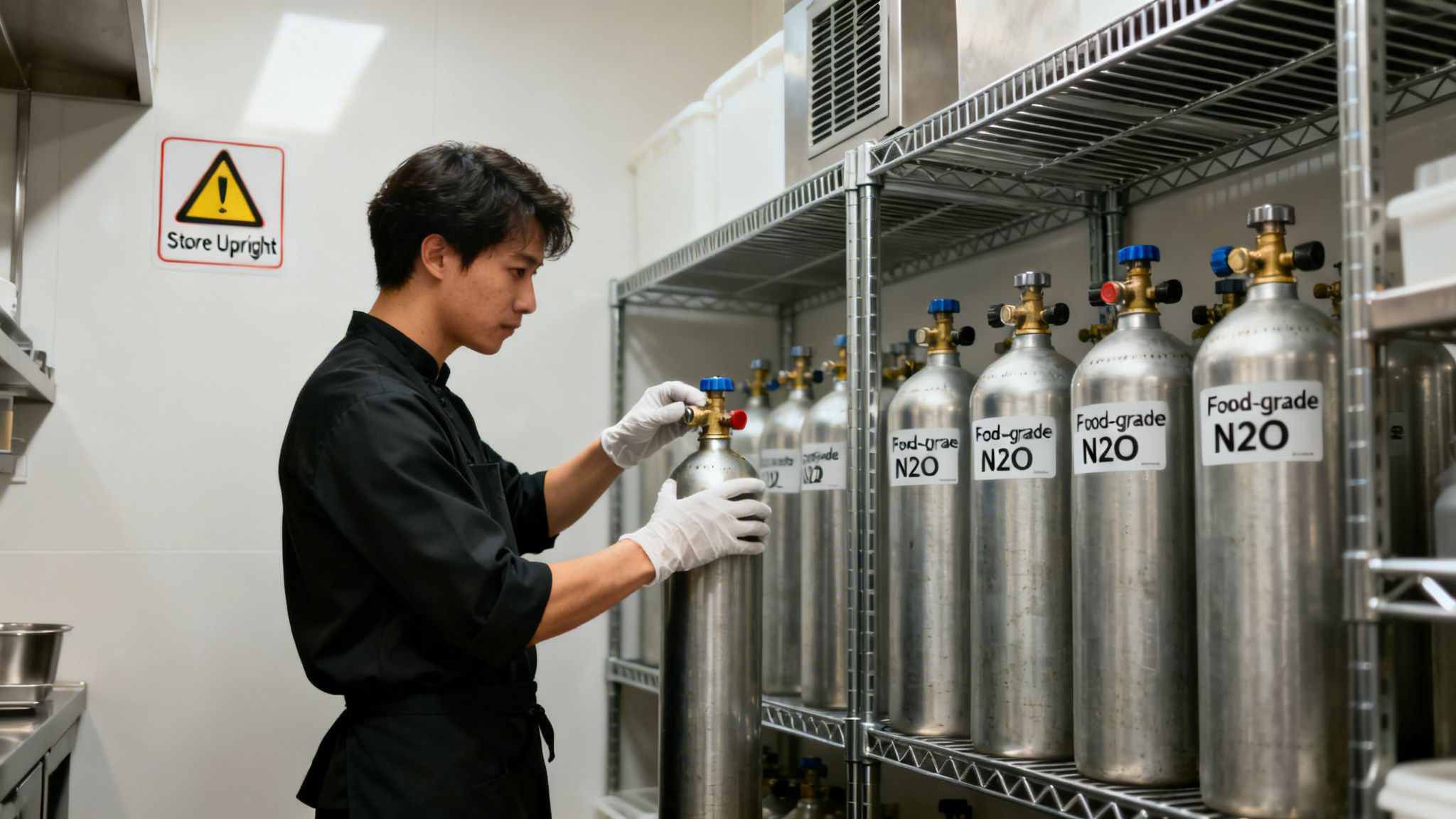 Chef in gloves handling a food-grade N2O cylinder on a shelf in a commercial kitchen.