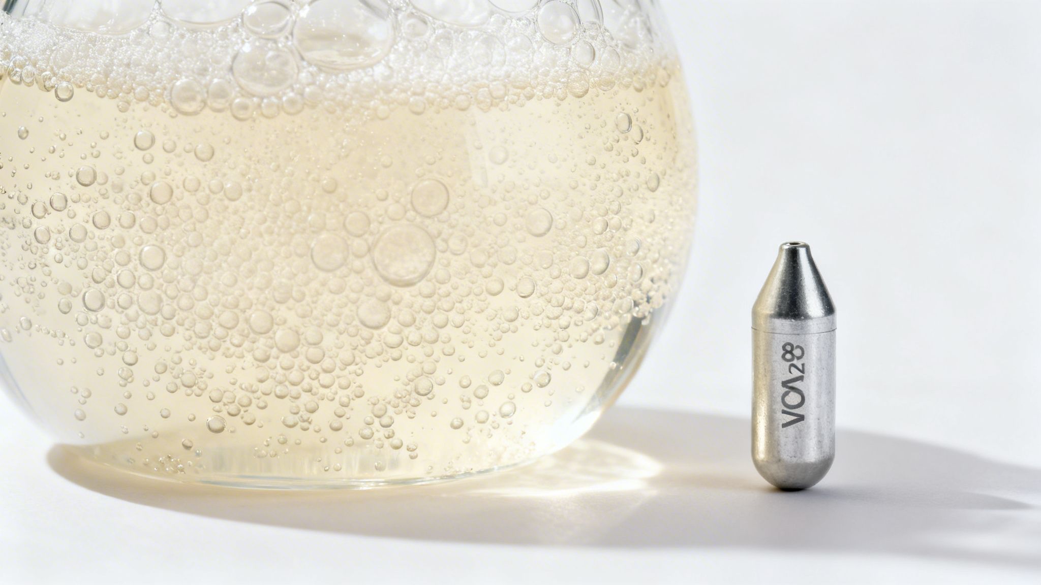 A glass container filled with a fizzy, golden liquid, next to a silver metallic canister.