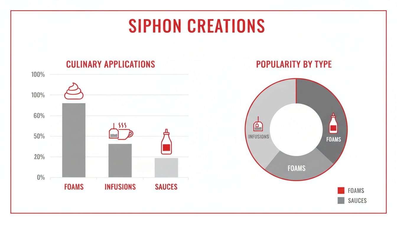 Two charts illustrating siphon creations: a bar chart on culinary applications and a donut chart on popularity by type.