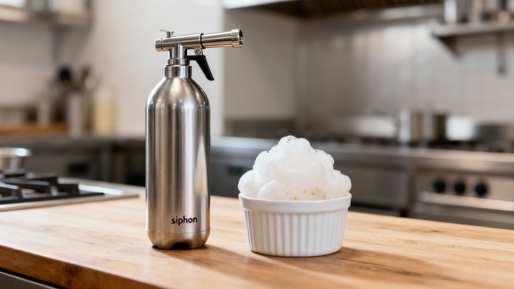 A sleek stainless steel siphon bottle and a white ramekin of culinary foam on a wooden counter.