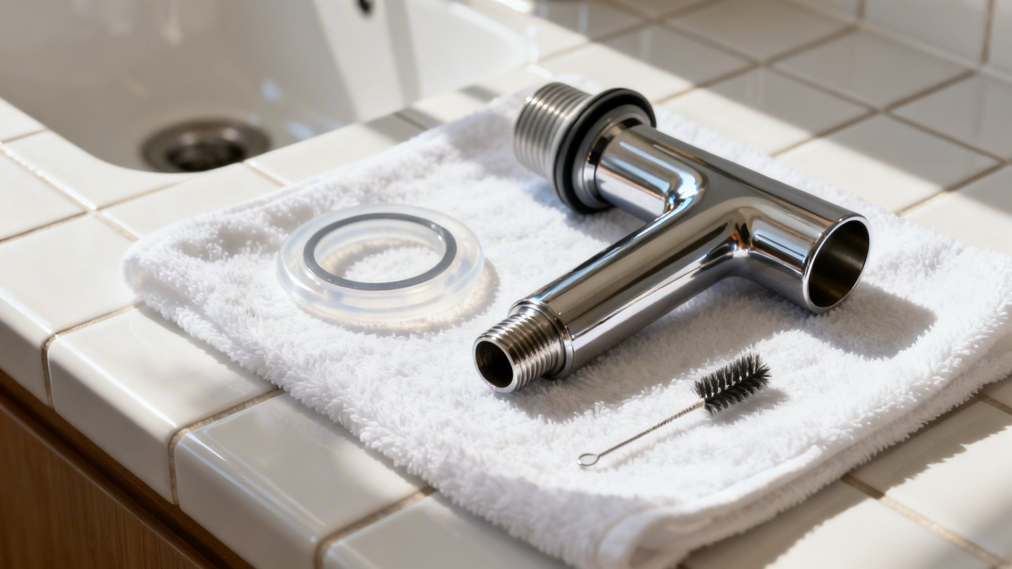 A chrome drain pipe, gasket, and small cleaning brush on a white towel next to a bathroom sink.