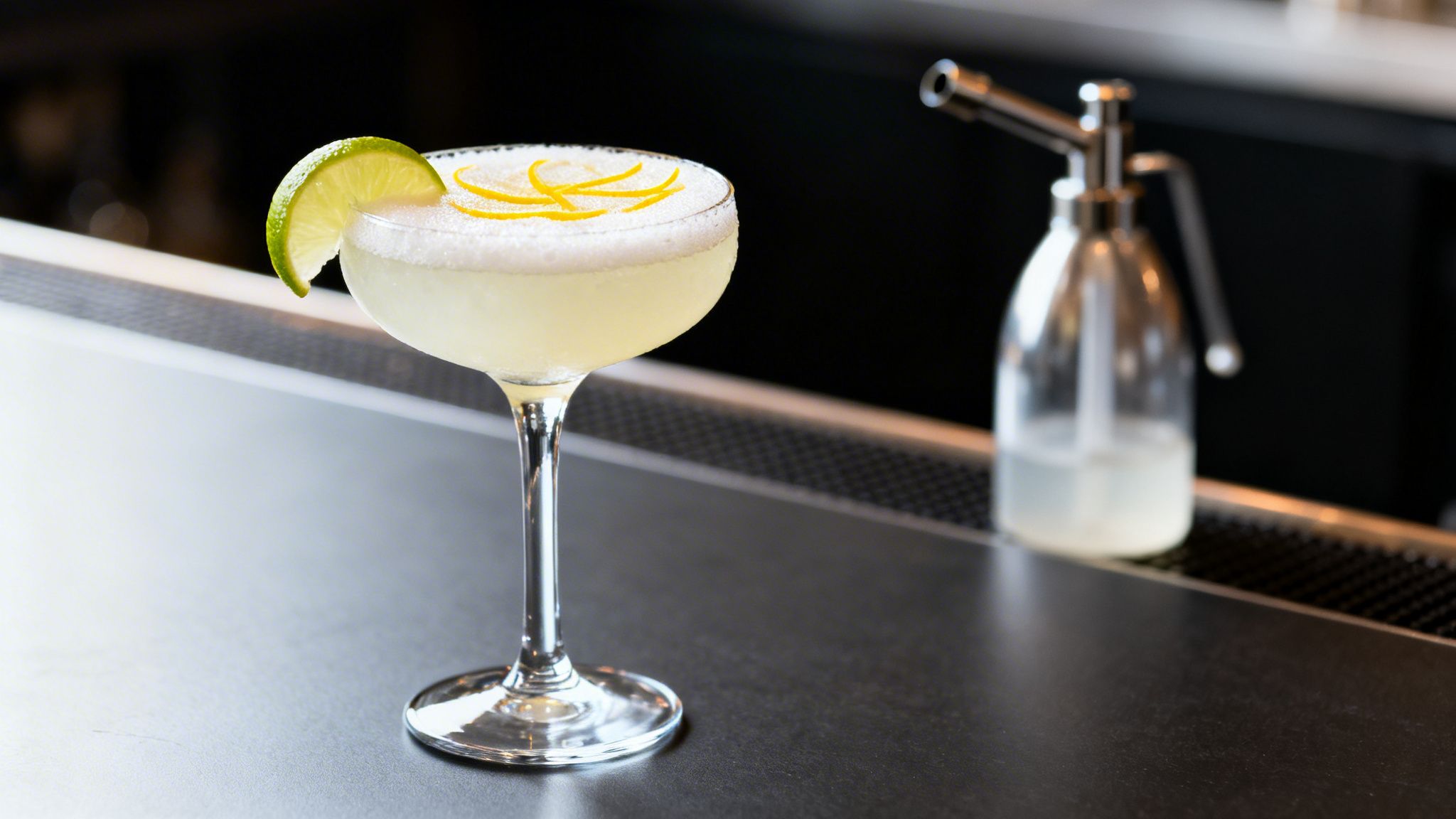A refreshing light-colored cocktail in a coupe glass, garnished with lime and lemon zest, on a bar counter.