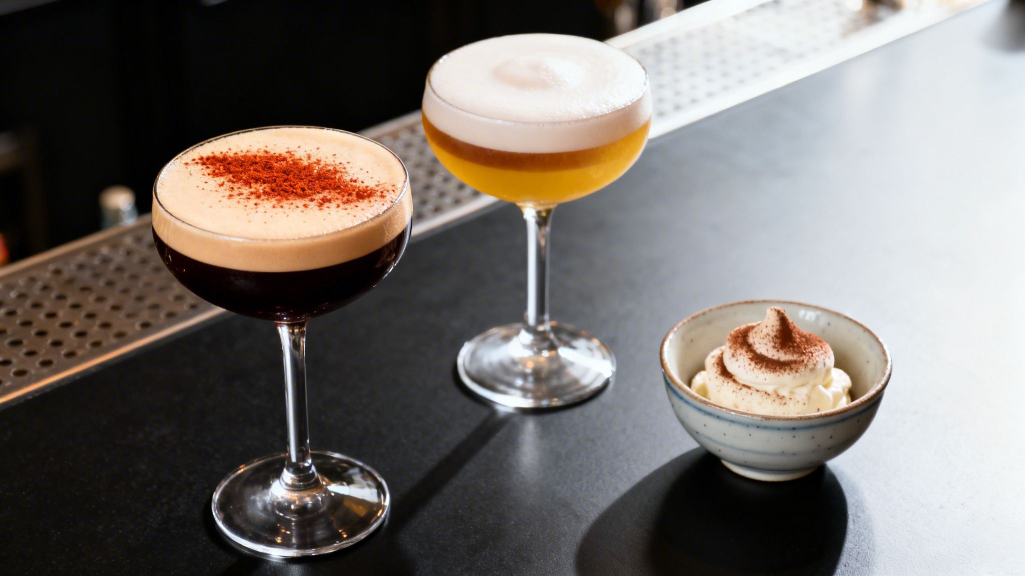 Two artisan cocktails with frothy tops and a small dessert on a sleek bar counter.