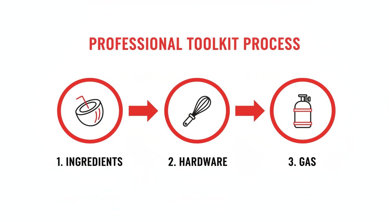 Diagram showing a professional toolkit process: ingredients (coconut), hardware (whisk), and gas, with arrows indicating flow.