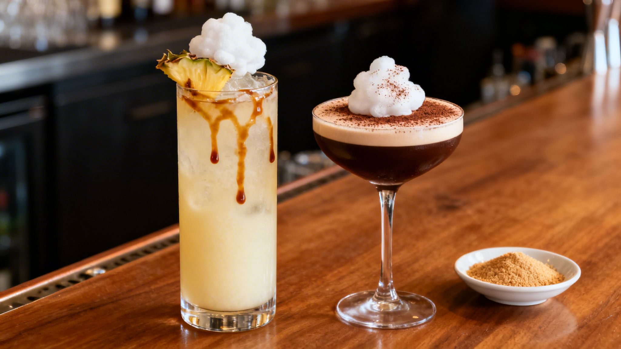 Two artisan cocktails on a bar, a tropical drink with pineapple and an espresso martini.
