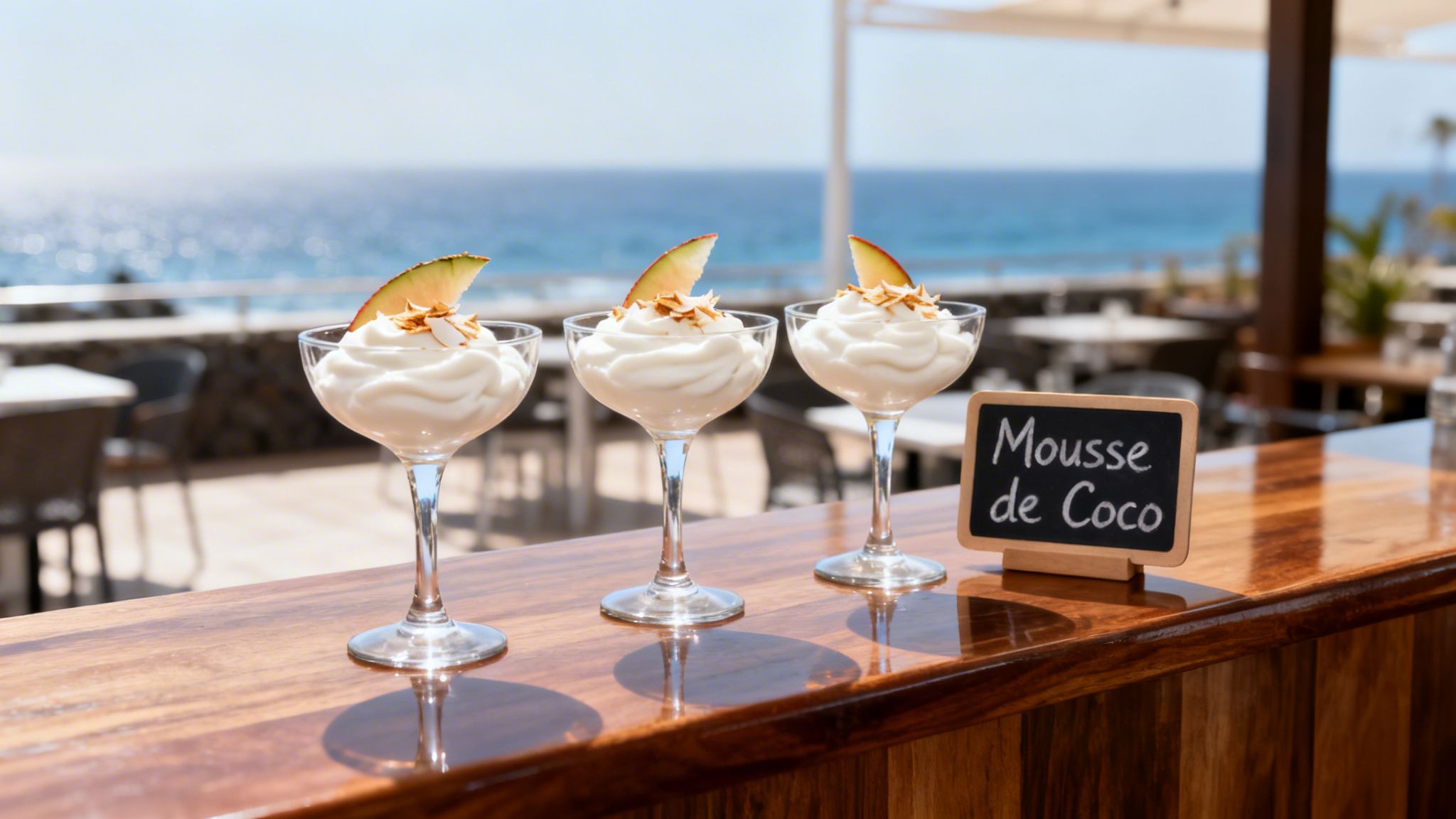 Three glasses of coconut mousse dessert with melon and nuts on a bar by the ocean.
