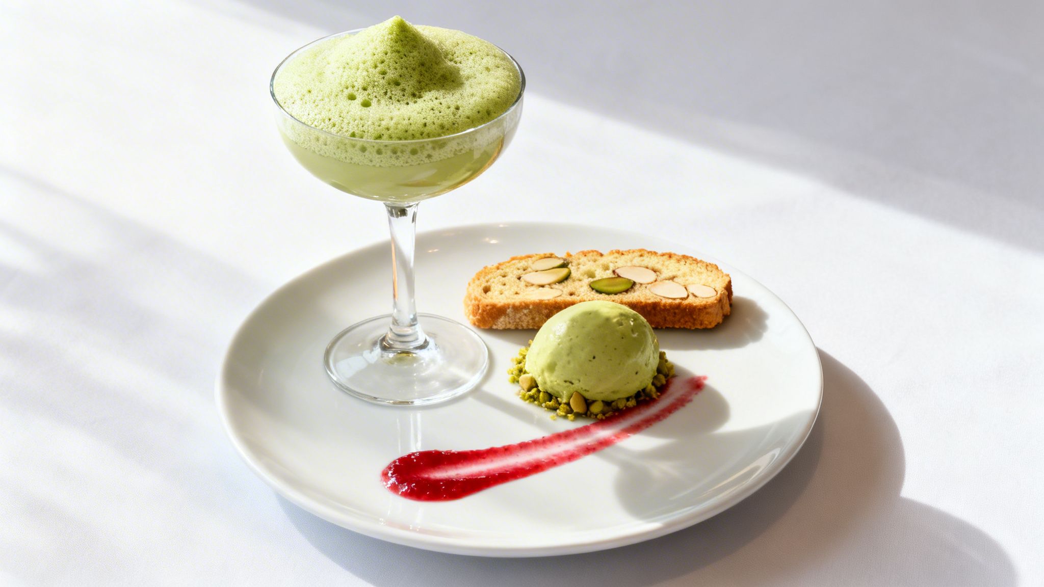 Pistachio dessert with frothy drink, scoop of ice cream on nuts, almond biscotti, and berry sauce.
