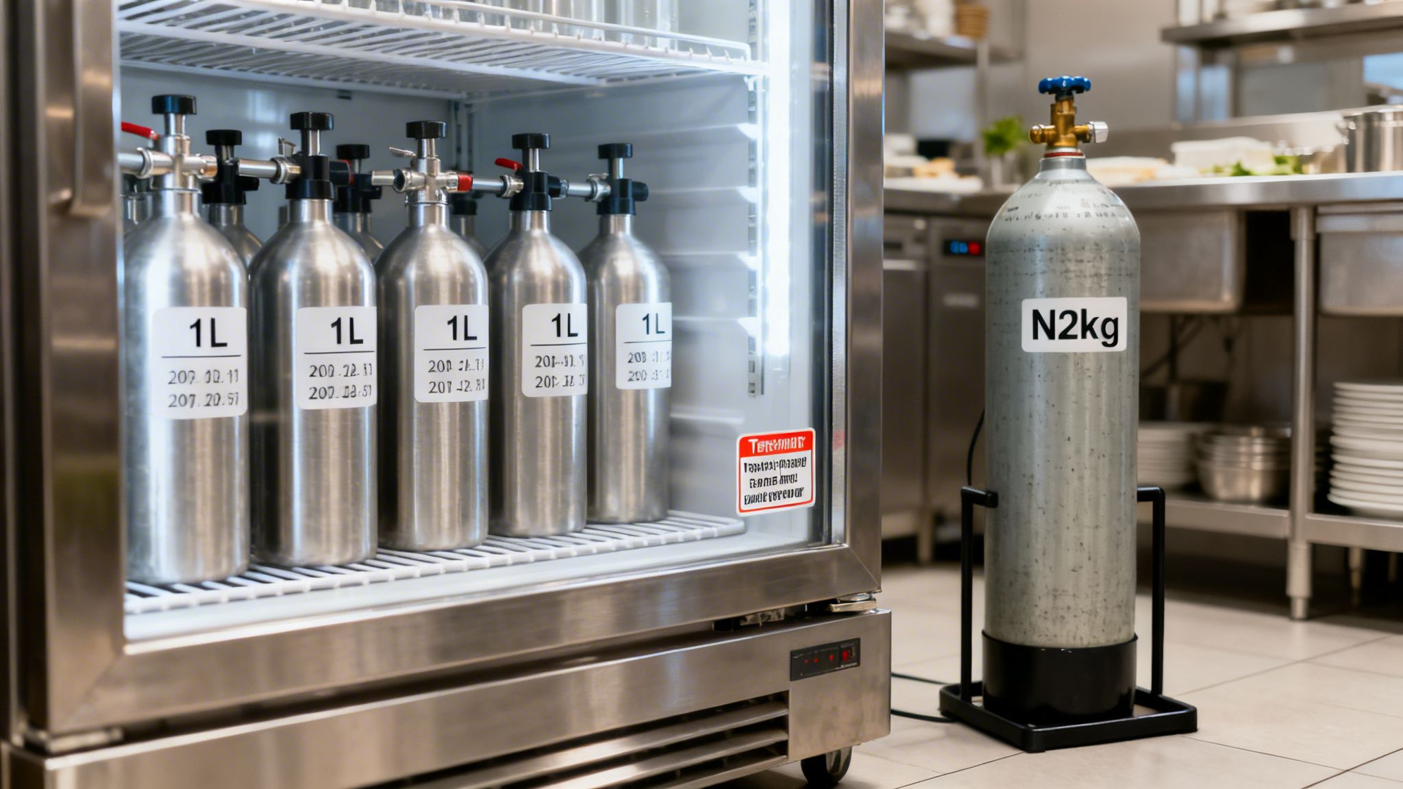 Stainless steel refrigerator holding 1L gas canisters next to a large N2kg gas cylinder in a professional kitchen.