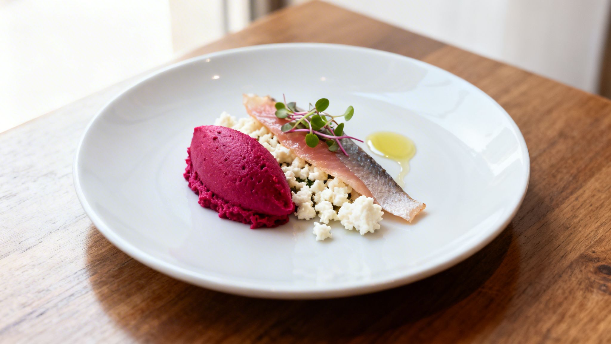 A beautifully plated gourmet dish with vibrant beetroot mousse, cured fish, crumbled cheese, and microgreens.