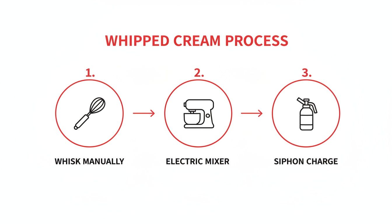 Diagram illustrating the whipped cream process, showing manual whisking, an electric mixer, and a siphon charge.