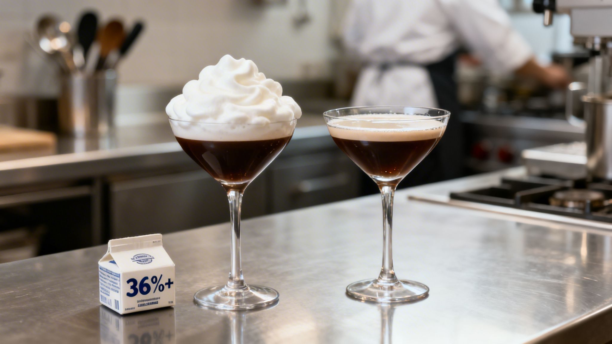 Two espresso martini glasses, one with whipped cream, on a stainless steel kitchen counter with a heavy cream carton.