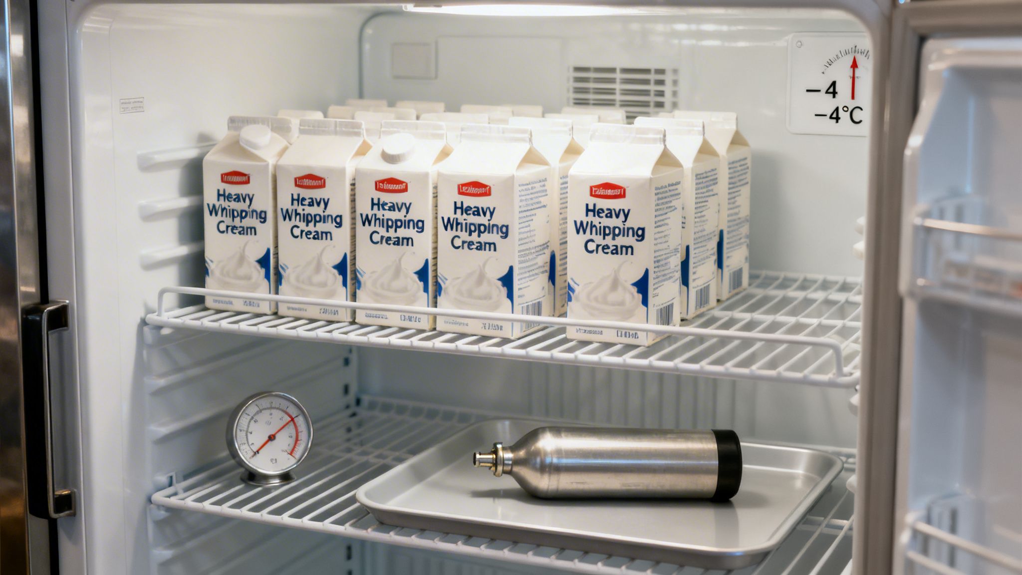 Refrigerator shelves stocked with numerous heavy whipping cream cartons, a thermometer, and a cream dispenser.