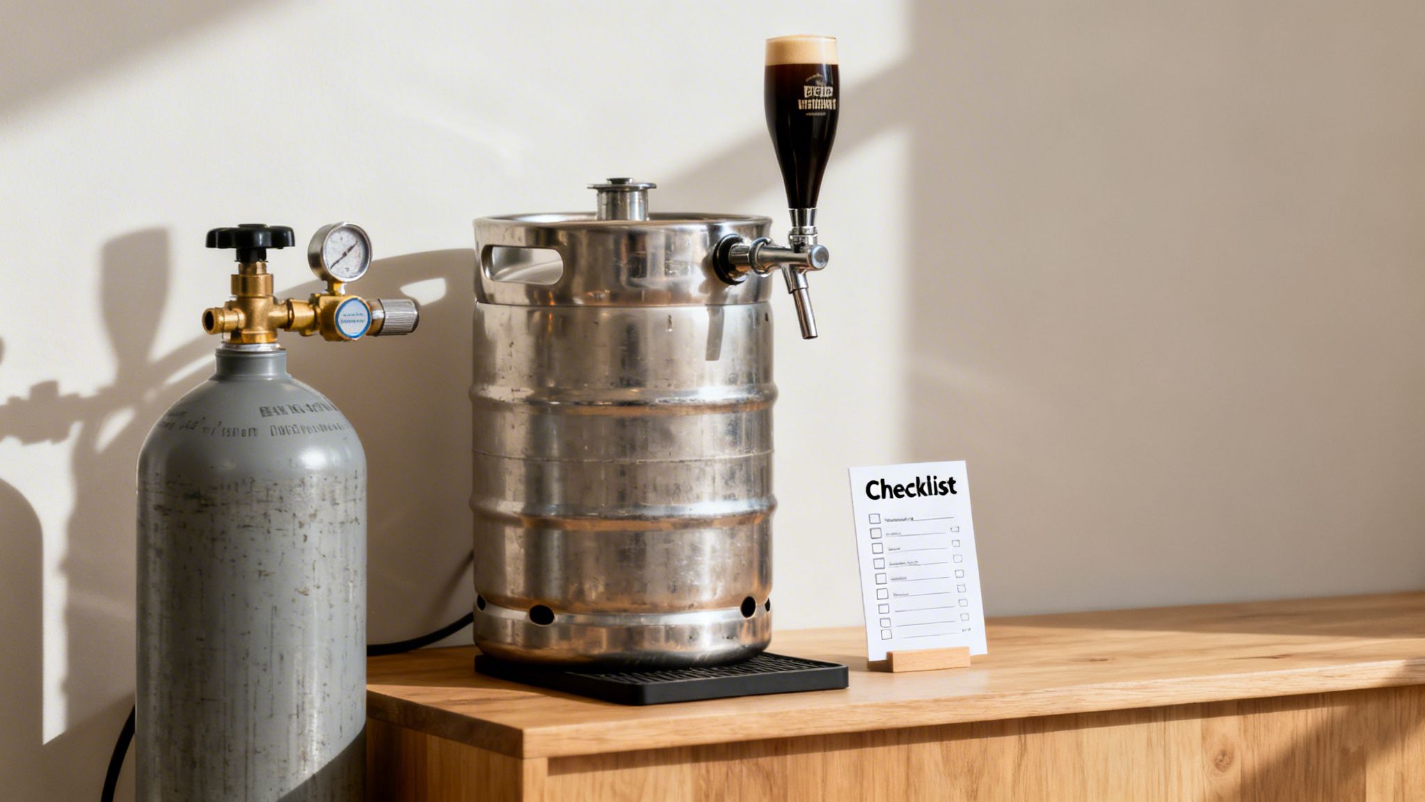 A home draft beer setup with a CO2 tank, metal keg, tap, and a glass of dark beer on a wooden counter.