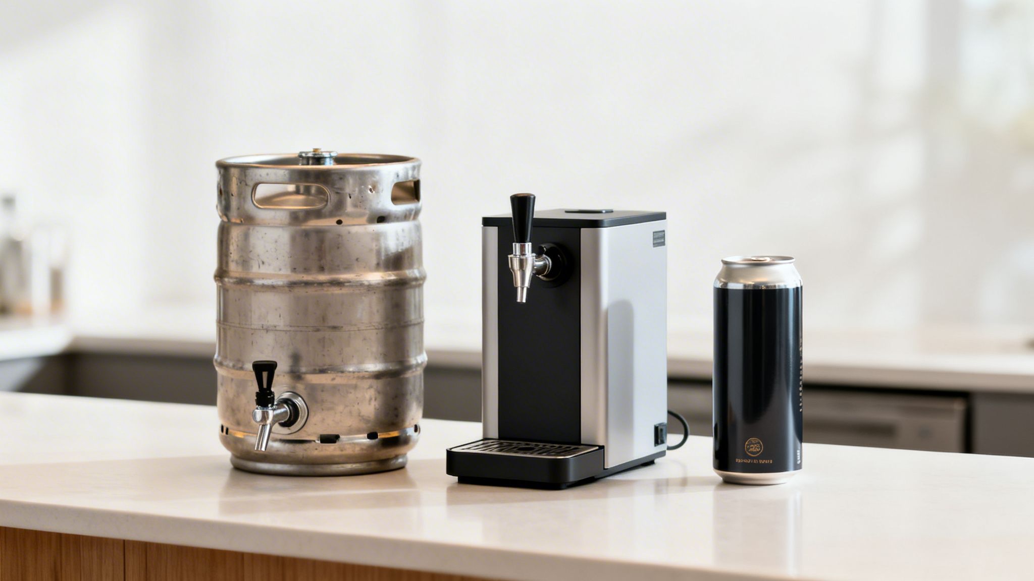 A stainless steel mini keg, a compact nitro cold brew dispenser, and a can on a counter.