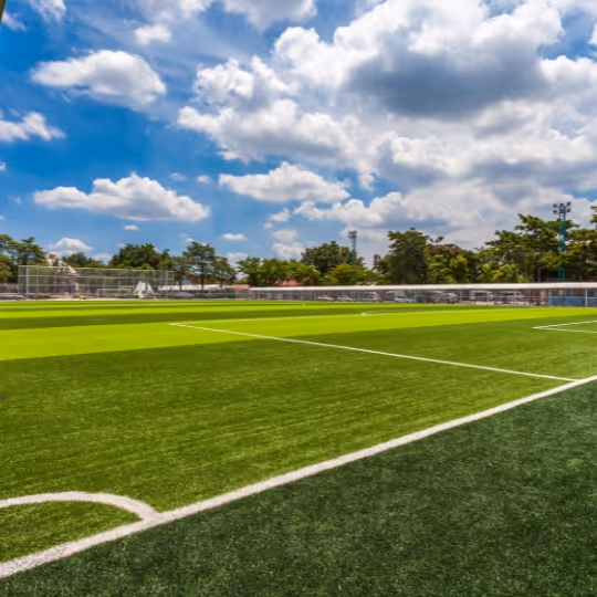 A beautiful green natural grass soccer field from the sideline.