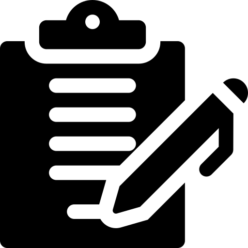 Icon of a clipboard with a checklist and a pen positioned diagonally on the right side.