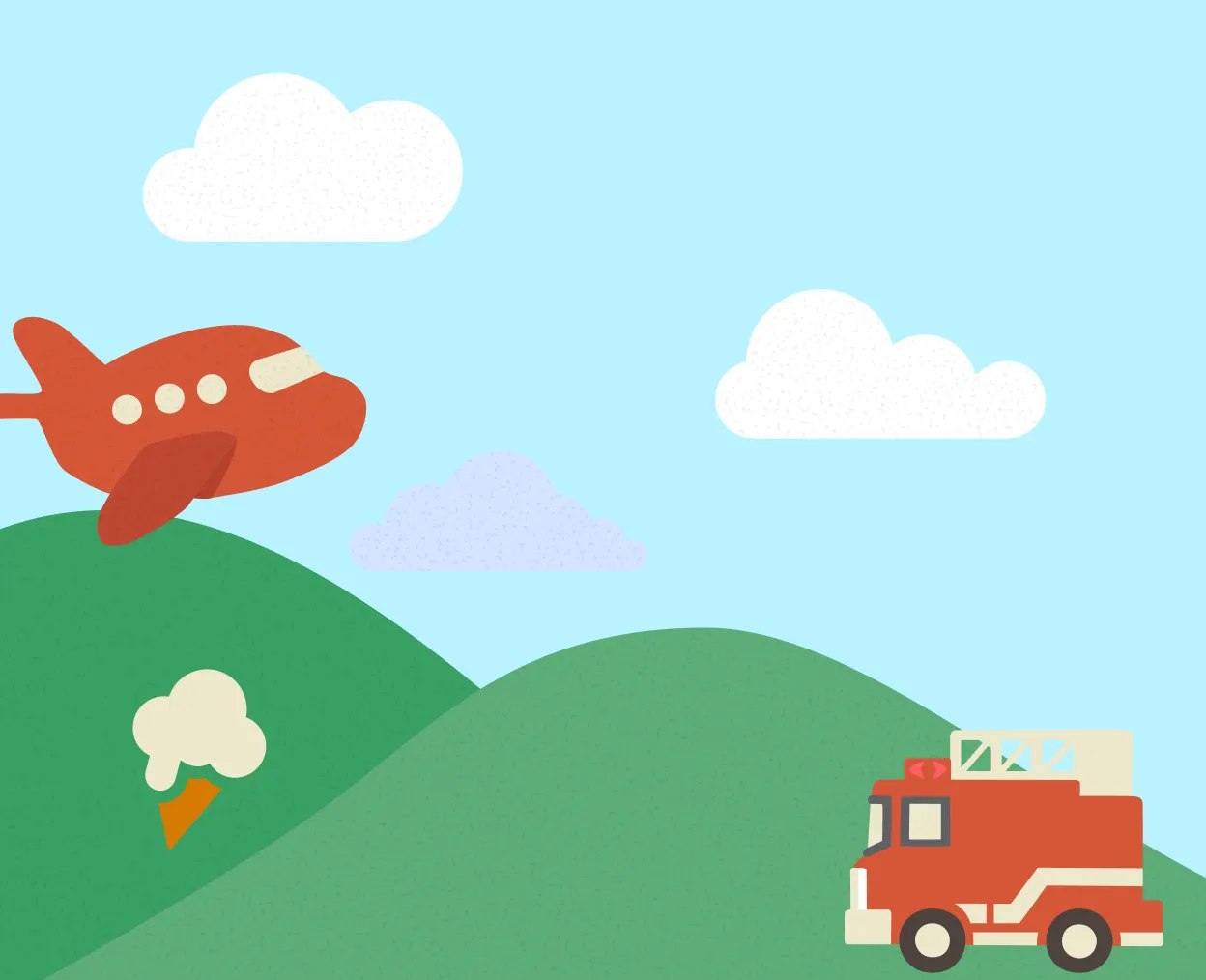 Rotes Flugzeug fliegt über grüne Hügel mit Wolken und einem roten Feuerwehrauto unten rechts.
