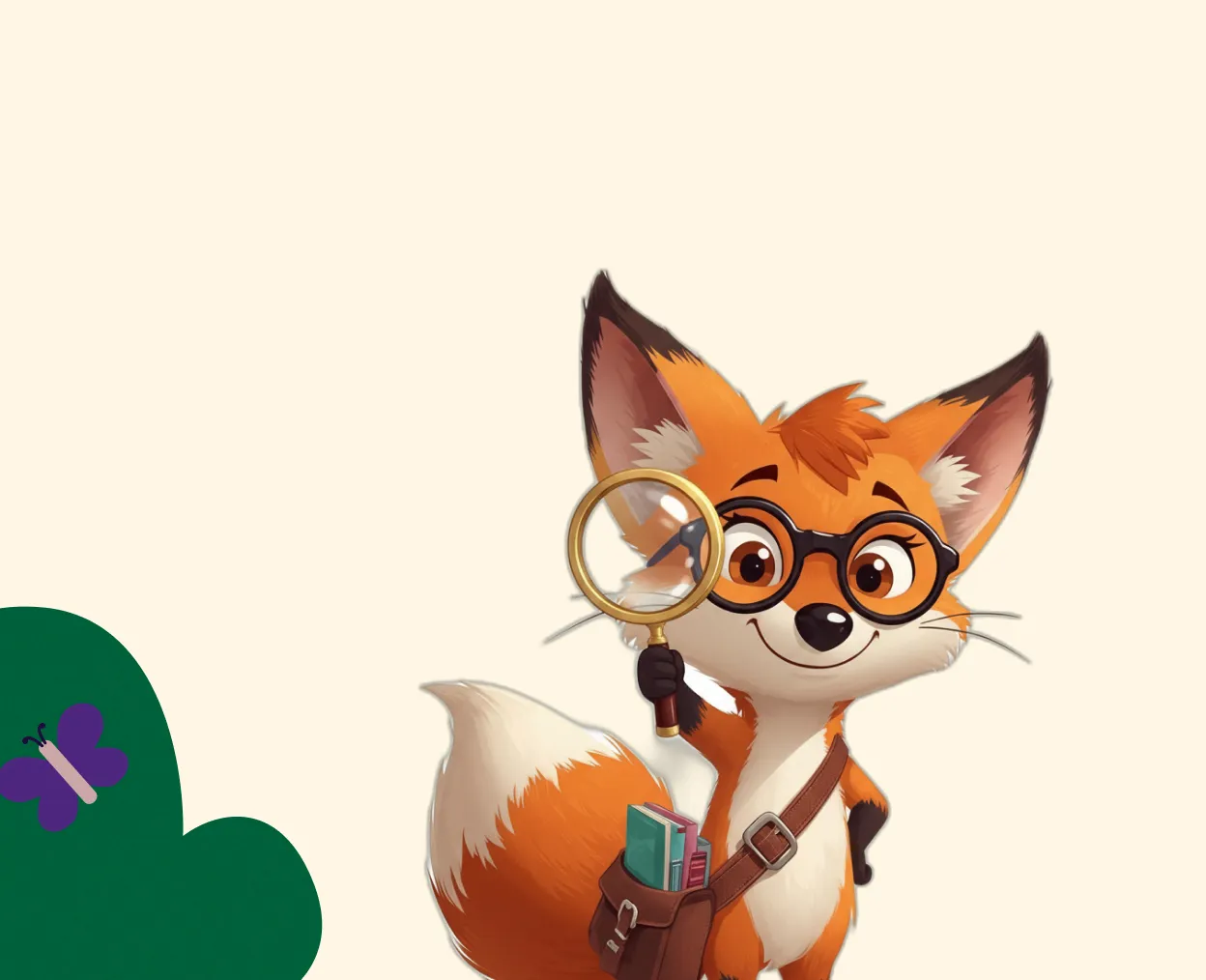 Niedlicher Fuchs mit Brille hält eine Lupe und trägt eine Tasche mit Büchern.