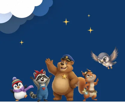 Zeichentrickfiguren: Pinguin, Waschbär, Bär, Eichhörnchen und Eule vor dunkelblauem Himmel mit Sternen.