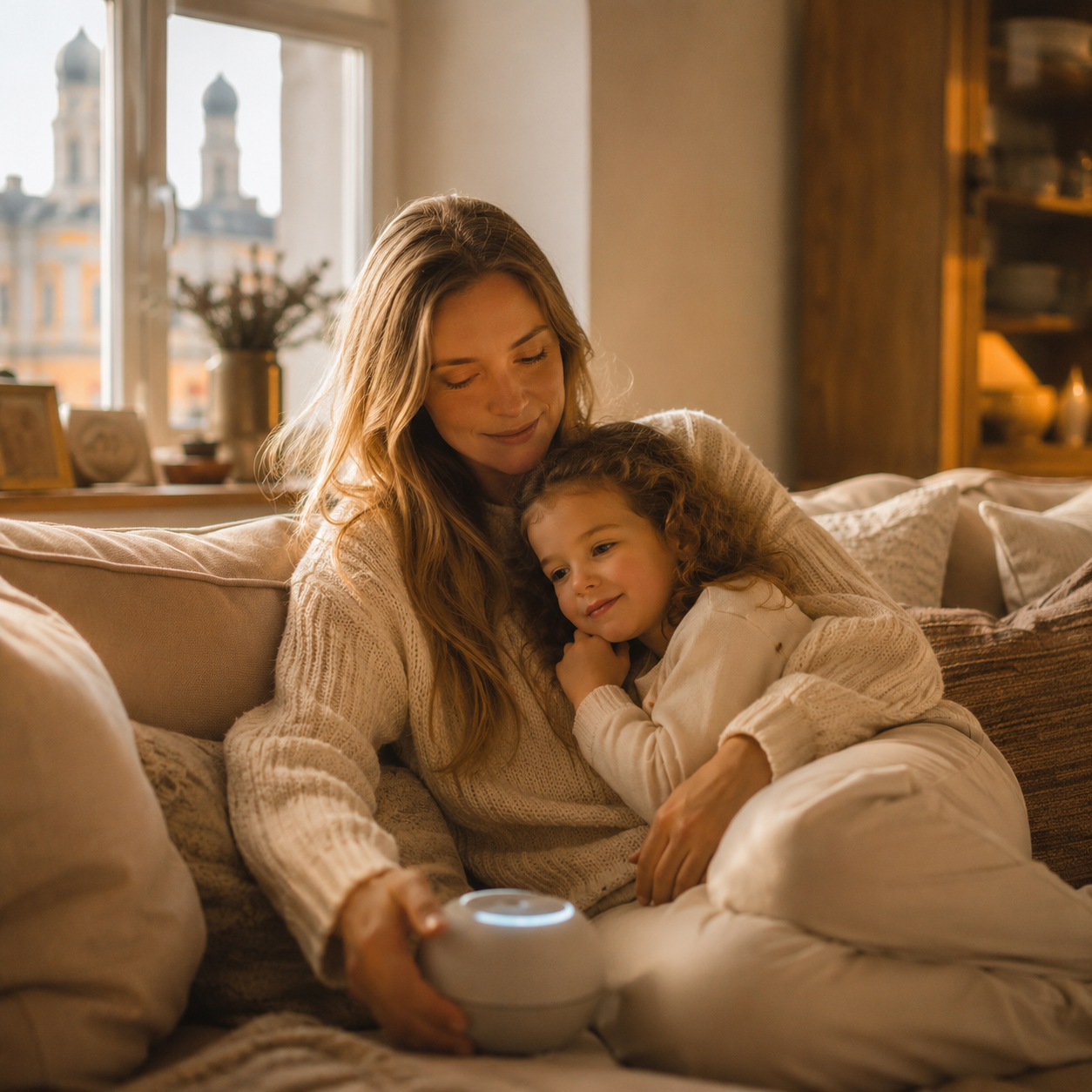 Frau und Kind kuscheln auf Sofa, während sie ein Smart-Gerät mit Licht steuert.