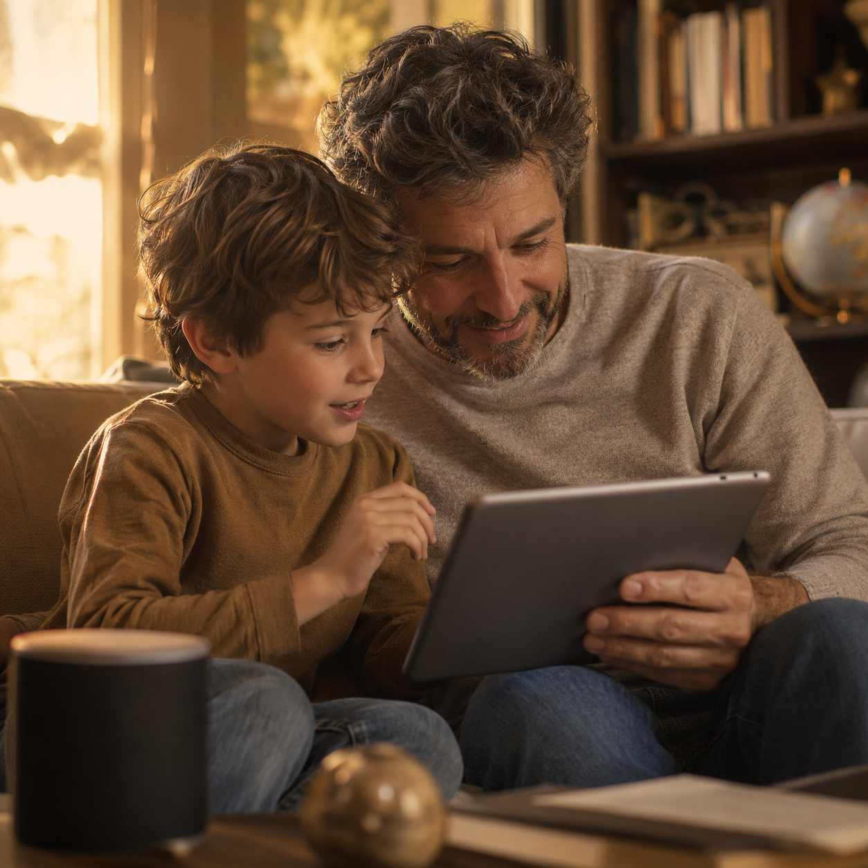 Vater und Sohn sitzen auf dem Sofa und sehen sich gemeinsam etwas auf einem Tablet an.