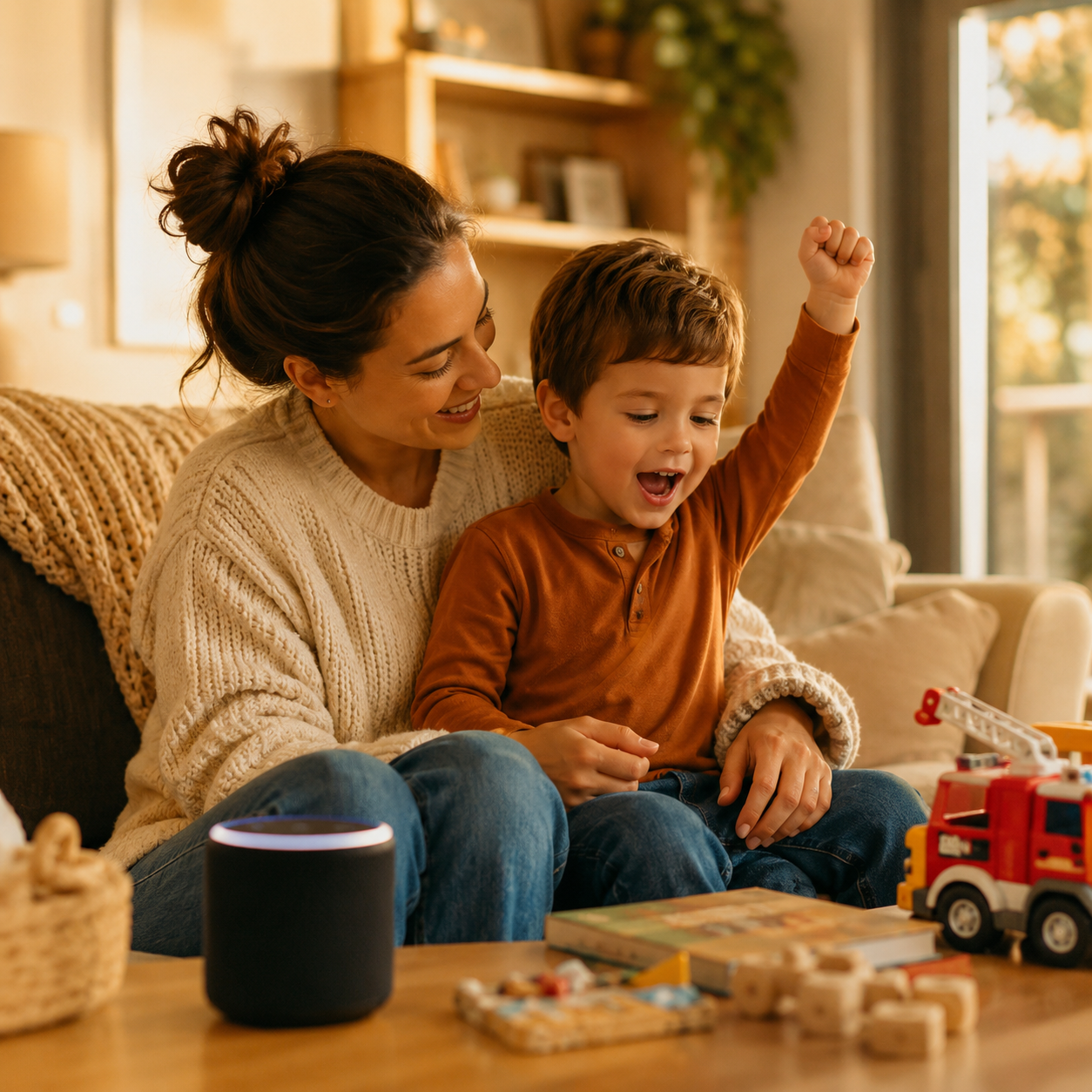 Mutter und Kind freuen sich gemeinsam, während sie mit einem Sprachassistenten zuhause spielen.