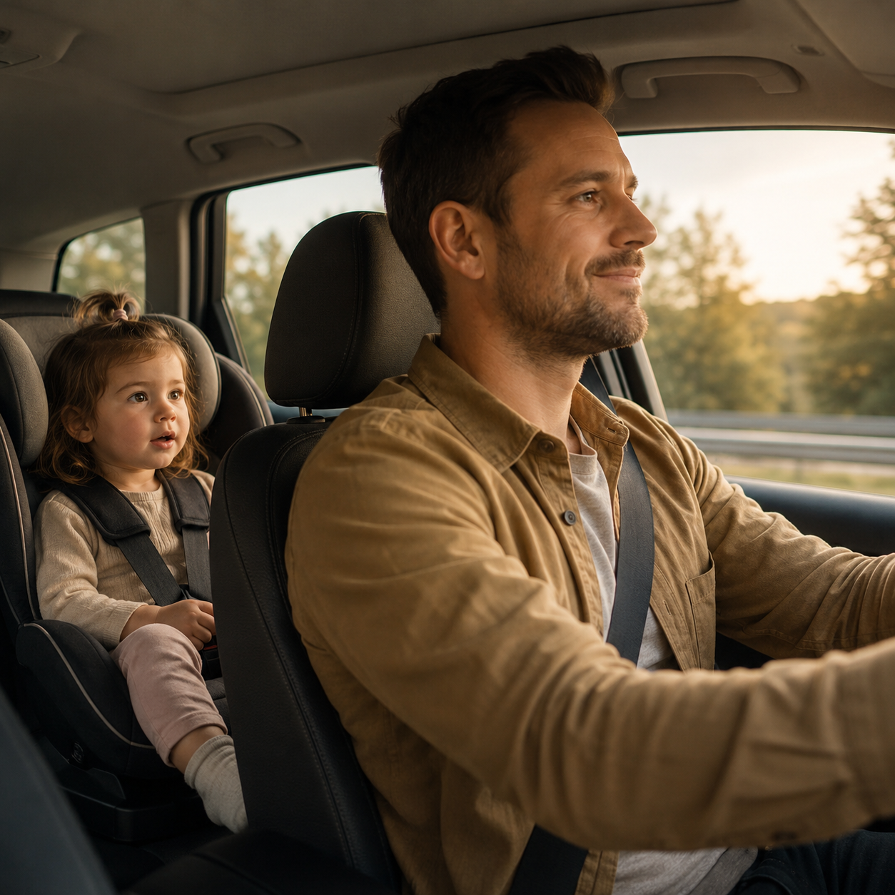 Vater fährt Auto mit Kleinkind sicher im Kindersitz auf der Rückbank bei Sonnenuntergang.