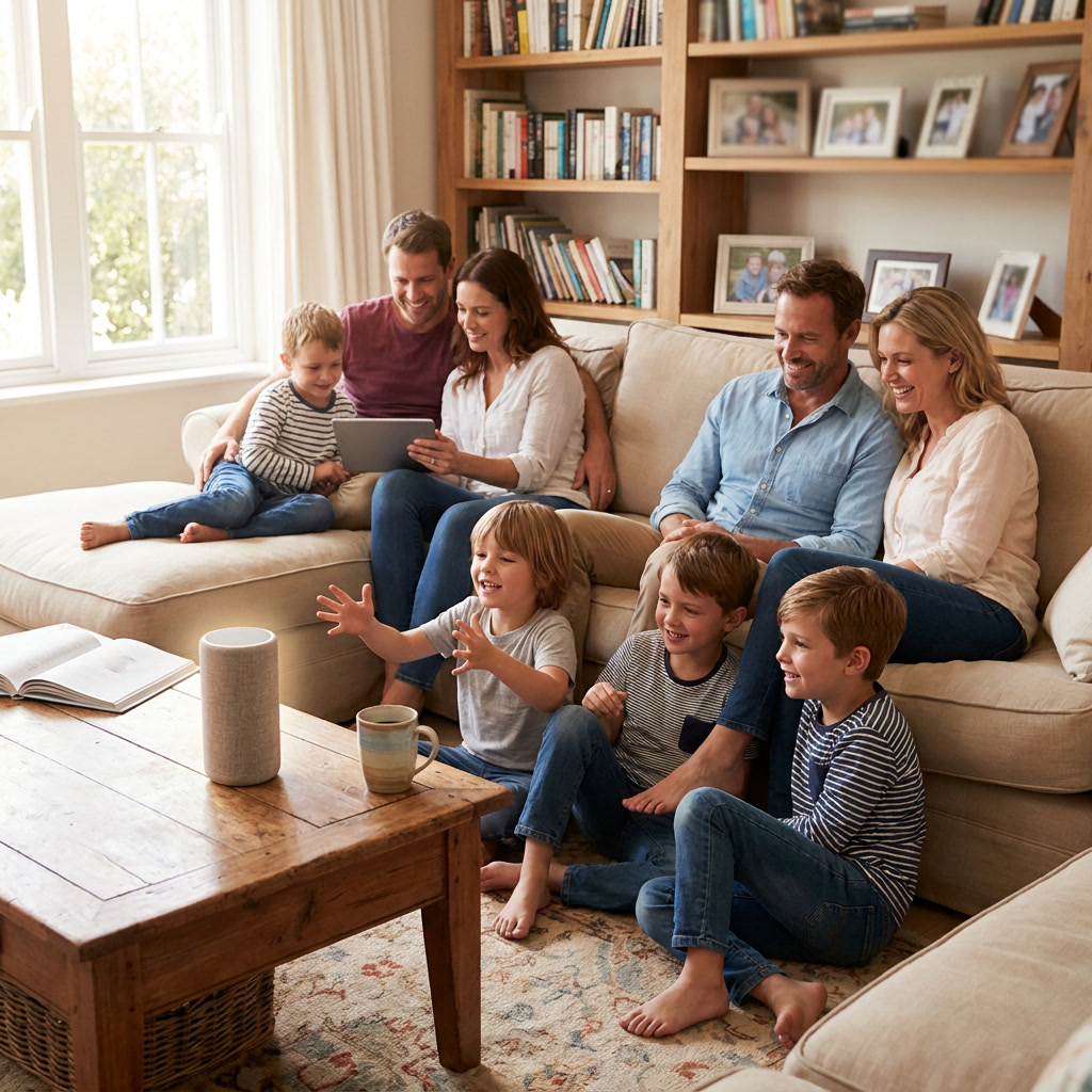 Zwei Familien sitzen zusammen im Wohnzimmer und sprechen mit einem Smart-Lautsprecher.